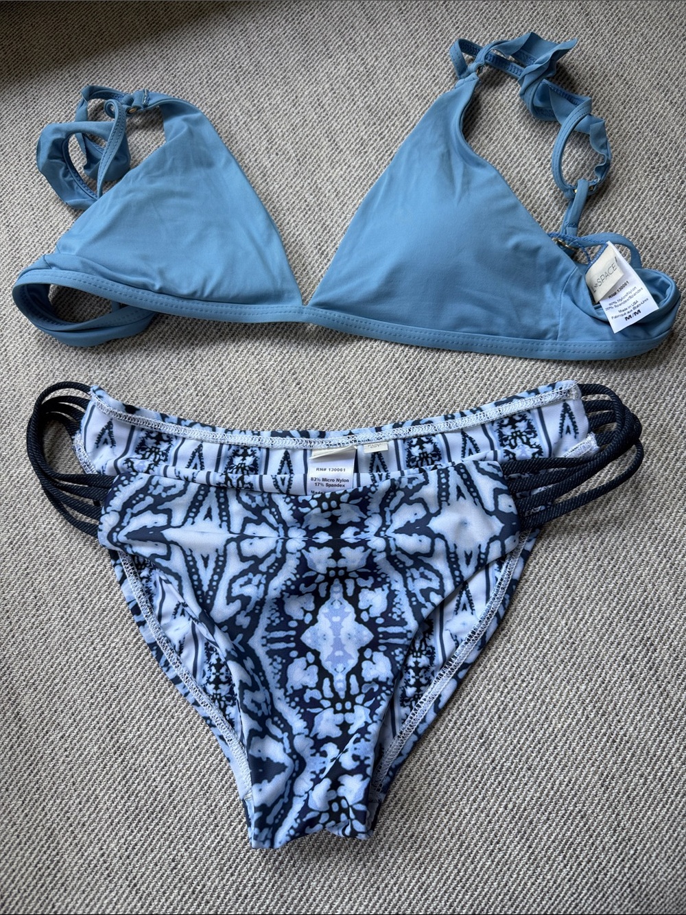 l*space Blue Triangle Bikini Top with Navy & White Patterned Hipster Bottom